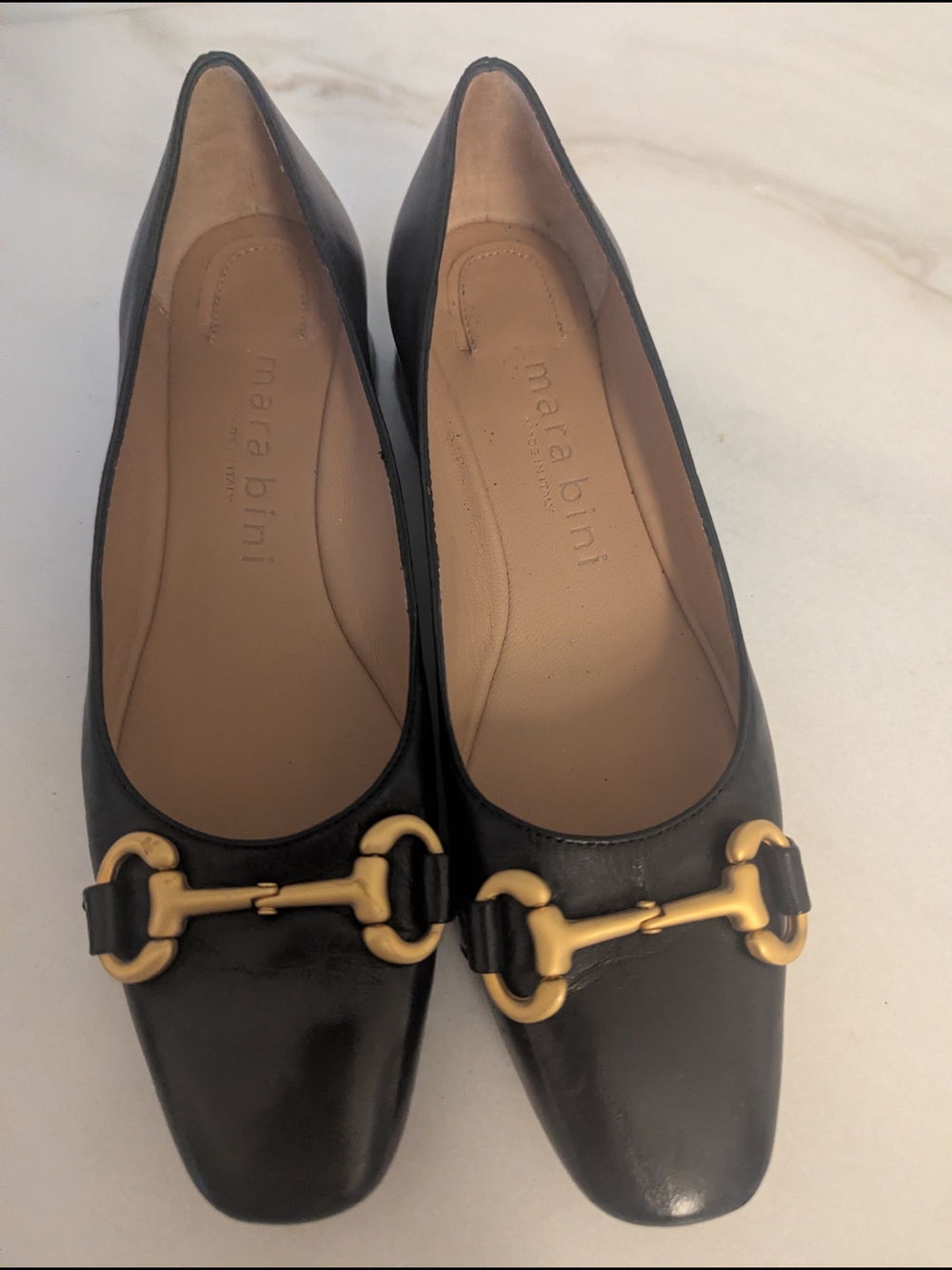 Vero Cuoio Black Leather Flats with Gold Horsebit Kitten Heel